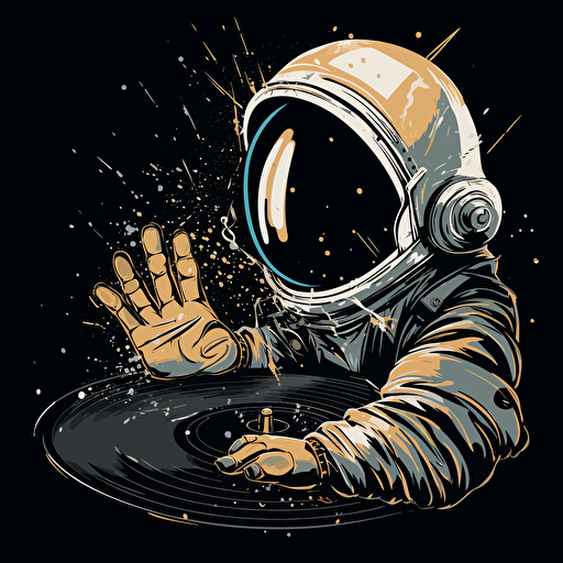 astronauts hands are over a vinyl record, he has gloves worn and only the hands in gloves is on the scene on black background,2d vector