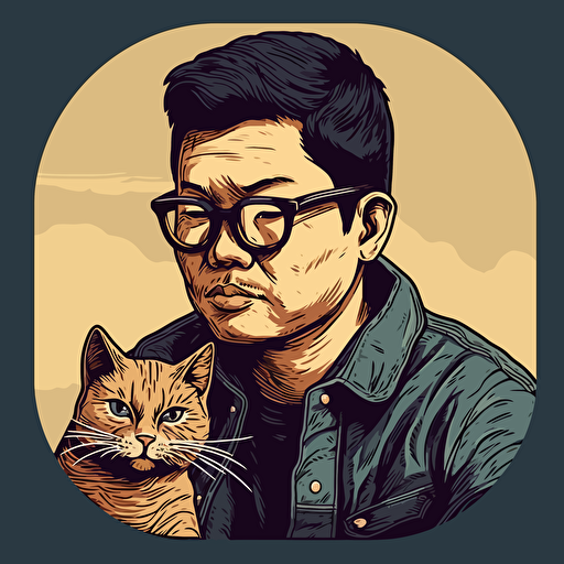 vector art style 28 year old asian man as a cat, in the style of Micheal Parks