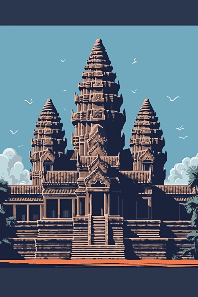 front view of the Angkor wat, blue sky, vector design, minimalist, flat