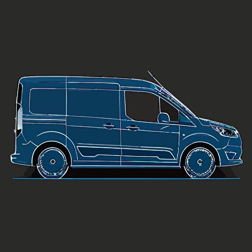 silhoette of ford transit connect, blue color, gray background, simple design, vector cartoon style, white outline over silhouette