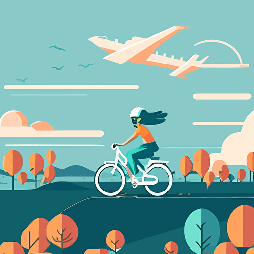 minimalistic illustration style girl riding bike in ukraine with plane flying on the background optimistic scenes of life calm colour palette 2D vector, Andrew Lyons style