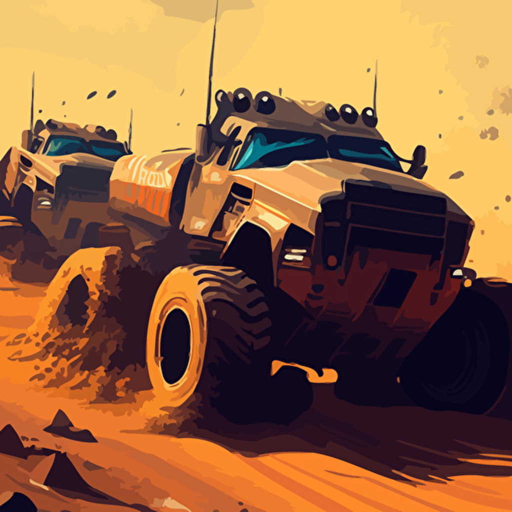 detailed vector art of mud trucks racing through mud pits