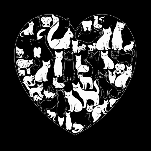 illustrated cats of all breeds and sizes gathered together in the shape of a heart. Vector outline drawing in white on a black background