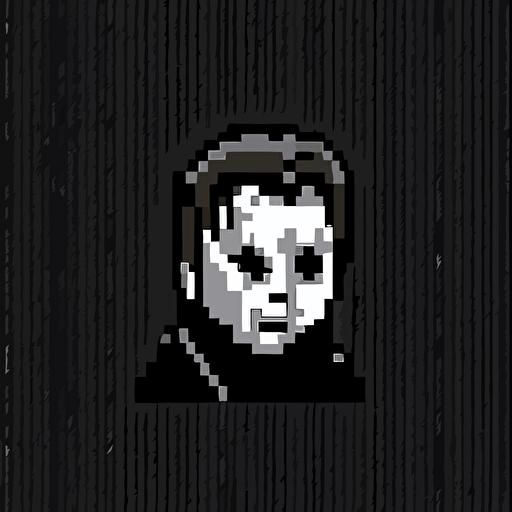 8bit jason Michael Myers, white on black background, no shading, 2D, vector, 3:4