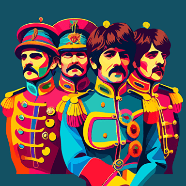 ynamic performance, four Beatles playing music from front, upper body, uniform Sgt. Pepper's Lonely Hearts Club Band, detail rich vector illustration in the colors , yellow red blue turquoise pink