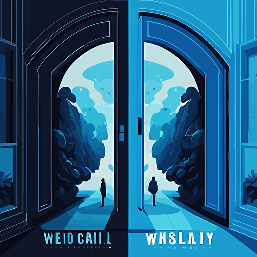 a vector illustration of the entrance to the virtual world, focusing in the difference of the real and the virtual world, style: using only flat vectors, in blue and black tones.