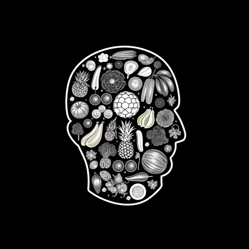 Retro iconic logo of a mind full of healthy food, white vector, on black backgroung
