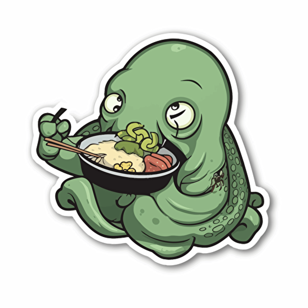 cthulhu eating sushi, sticker, cartoon style, vector, White background,