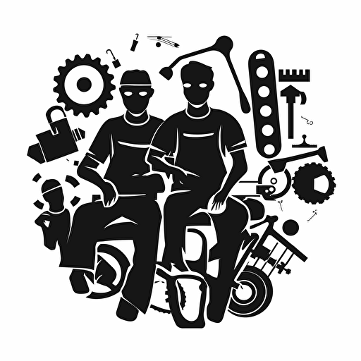 a fathers day theme logo, 2D, black and white, including 2 kids, some tools, vector tracing