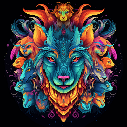 2d mandala made with animals faces uv colors vector style detailed