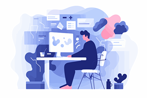 person in an office scrolling through social media, flat style illustration for business ideas, flat design vector, industrial, light and magical, high resolution, entrepreneur, colored cartoon style, light indigo and dark indigo, cad( computer aided design) , white background