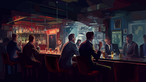 a painting of men at the bar in a club, in the style of sam spratt, simplistic vector art, 32k uhd, kris knight, danny lyon, marvel comics, film noir-esque