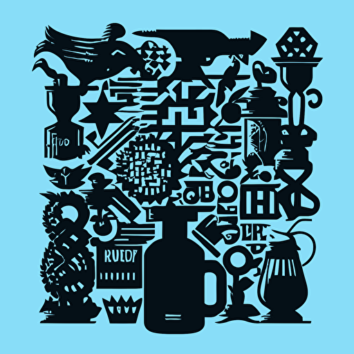 a vector illustration of silhouettes of objects arranged in a QR code delivery form, these objects are old-fashioned, minimal in style, only blue and black tones,