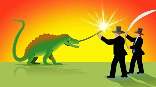 A dinosaur is attacked by leprachauns that are pulling his legs with a rope and riding his back. Above the dinosaur are three wizards sending light beams to the dinosaur. , Corporate illustration style, flat vector. Sketched. Light and bright.,