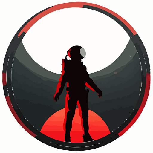 Astronaught standing straight up, arms wide, flat vector logo of circle, red black gradient, simple minimal