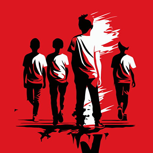 4 boy, Brash, TGIF, white color, red background, simple design, vector style, white outline over silhouette