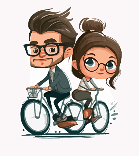 cute chibi couple riding bicycle, illustration pencil style, animation illustration style, minimalistic compositions, white background, cartoon illustration, looking happy and smile, male riding bicyle wearing glasses, female sits behind the bicycle holding not wearing glasses, Natalia Skripko vector illustration style,