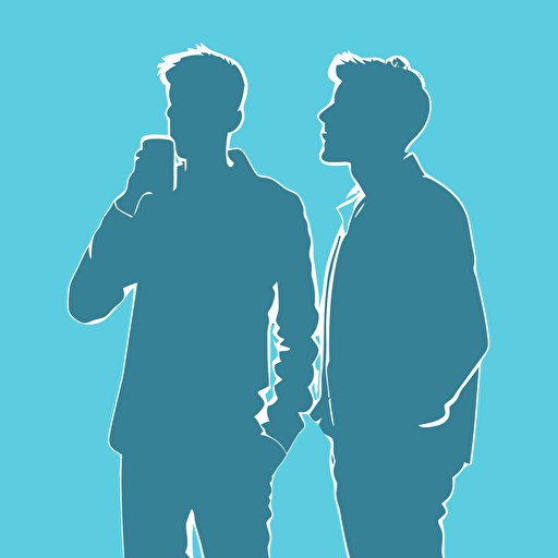 2 young man, Indulgent, Partying, light blue color, light blue background, simple design, vector style, white outline over silhouette