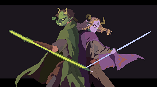 flat vector art, Jedi, green, yellow, and purple colors, brother and sister
