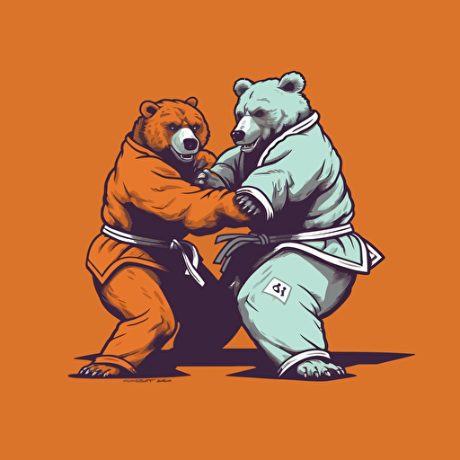 Bear wrestling another bear. First Bear holding Second Bear's leg between First Bear's two legs taking Second bear, wearing jiu jitsu clothes, vector animation illustration, 4 colors limit, solid background, high resolution