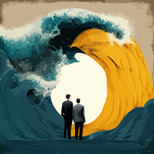 two men are standing in front of a giant wave from the ocean, in the style of dadaism,gritty texture, modern art, avant-garde, collage art, mixed-media, vector texture, clean, great detail, high-resolution immersive, grittytexture, muted, pantone solid uncoated pantone, simivibrant , dark gold, matte painting, manticore, depiction of animals, tropical symbolism, rim light, blue and orange color pallette, surrealism,