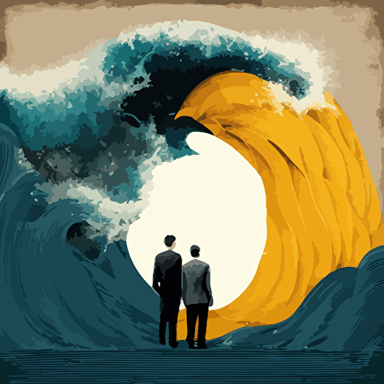 two men are standing in front of a giant wave from the ocean, in the style of dadaism,gritty texture, modern art, avant-garde, collage art, mixed-media, vector texture, clean, great detail, high-resolution immersive, grittytexture, muted, pantone solid uncoated pantone, simivibrant , dark gold, matte painting, manticore, depiction of animals, tropical symbolism, rim light, blue and orange color pallette, surrealism,