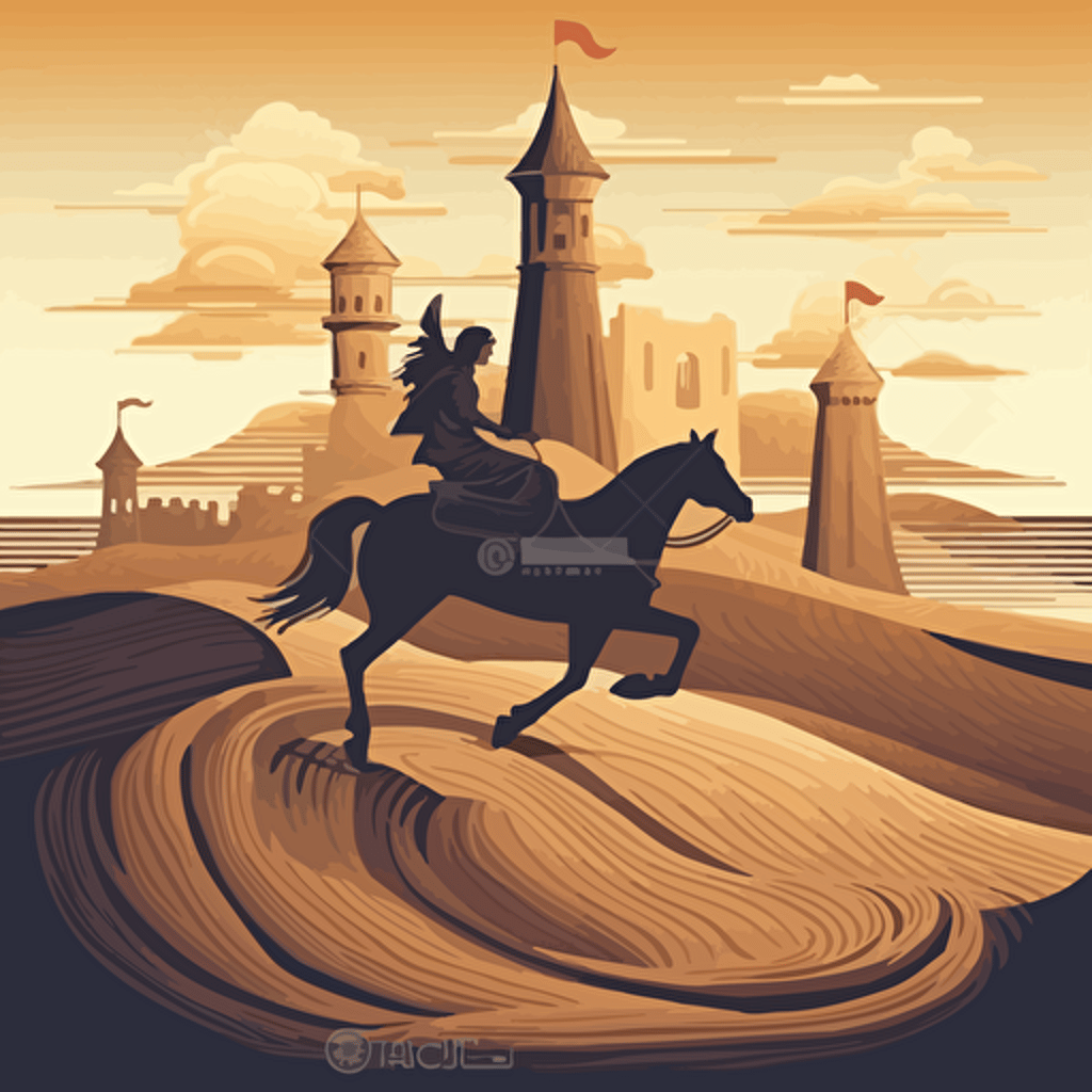 A knight, riding a tall horse, galloping in the desert, behind a sand castle made of sand, infinite compression, in the style of surrealism influence, ahmed morsi, precision influence, dynamic balance, vectorialism influence