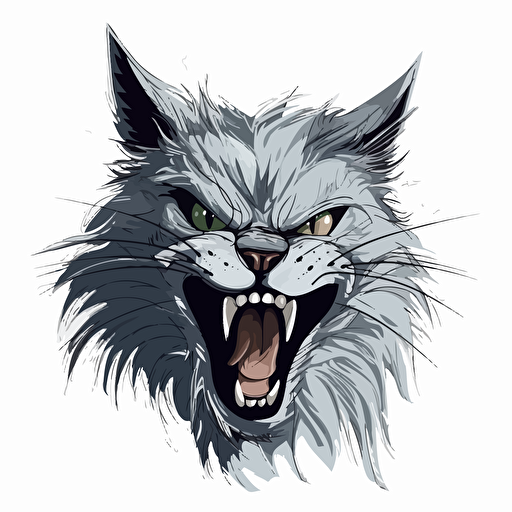 a snarky maine coon kitten snarling, adorable, vector art, white background, in the style of gorillaz