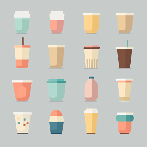 Vector art pack of cups. Flat colors, modern, White background, organized in a grid