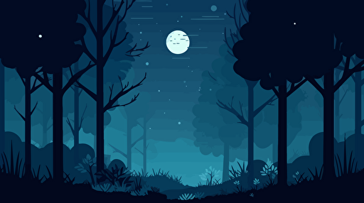 Fantasy flat cover 2D art of a blueish and greenish forest with a few fuzzy fireflies, simple flat natural elements and few animals. moon in the distance, dark pinetrees, flat color, grainy gradient shadows, vector style.