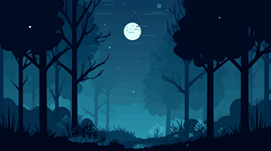 Fantasy flat cover 2D art of a blueish and greenish forest with a few fuzzy fireflies, simple flat natural elements and few animals. moon in the distance, dark pinetrees, flat color, grainy gradient shadows, vector style.