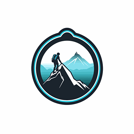 alpine climber logo, snowy mountain, black to ice blue, carabiner, vector white back ground