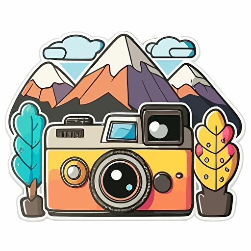 sticker, colorful, camera in front of mountains and trees, kawaii, contour, vector, white background
