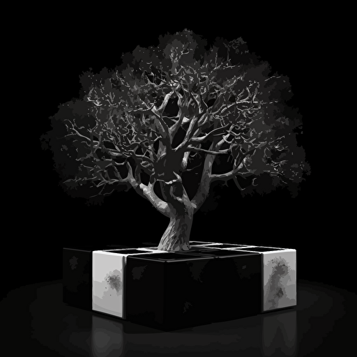 Black background contrasted by a white vectorise and minimal style cube tree