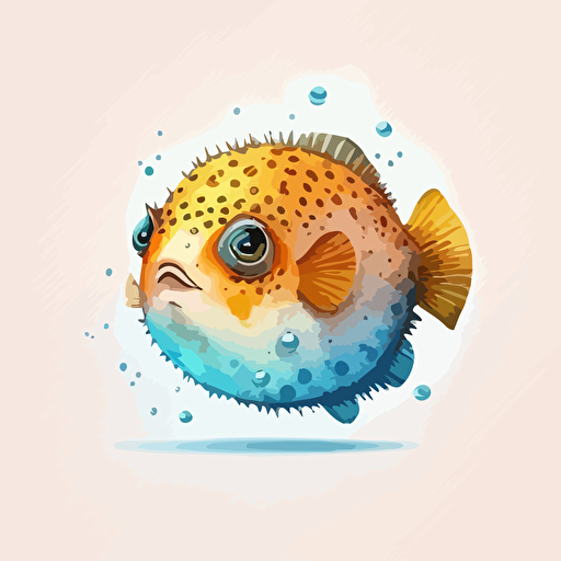 watercolor hand drawn pufferfish, cartoon style, vector