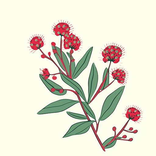 a vector flat image of a single curved stem of gum flowers up close. No shading. Block print red pink and green. Simple.