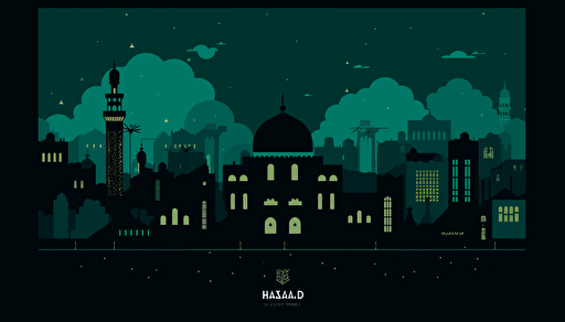 mosque with kaaba silhouette, with islamic holiday images, islamic symbol vector of hajj, in the style of dark green and yellow, minimalist backgrounds, uhd image, daan roosegaarde, dark sky-blue and dark brown Pixar style