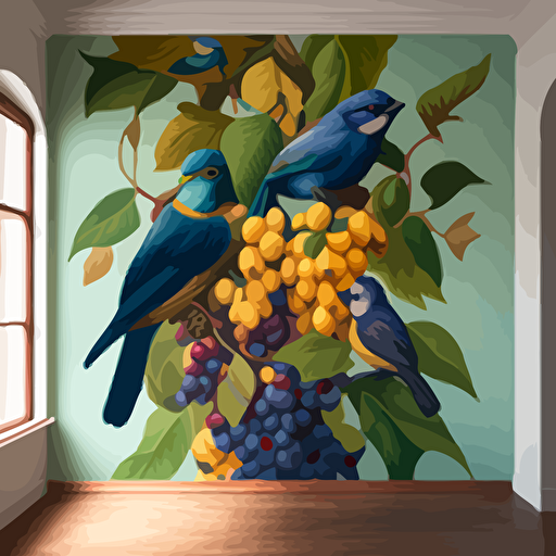 una pintura mural de aves y uvas, aves azules , amarillas amazonicas endémicas, viñedos en vectores , haciendo ver los procesos de cultivacion de la uva por campesinos