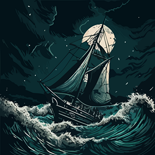 crete an illustration of a modern sailboat at night in rough seas, vector style