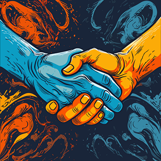 a vector image of two hands shaking, blue and orange and dark gray, graffiti style