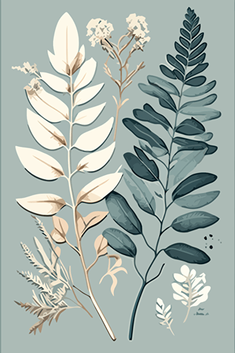 beige and dusty blue botanical illustration, vector