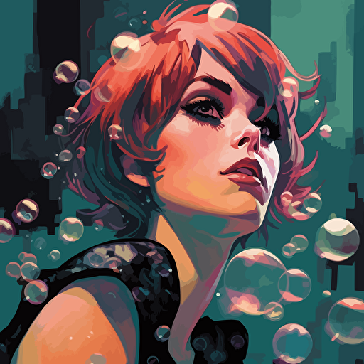 desinge, vector, floating bubbles, fireflys, in the style of becky cloonan, john watkiss