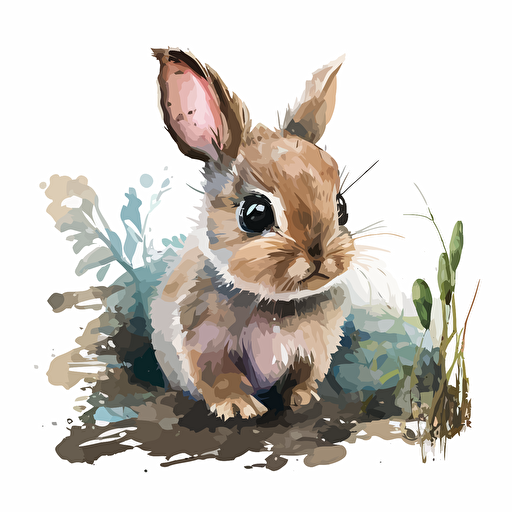 cartoon style, watercolor of cute baby rabbit, huge eyes, vector style
