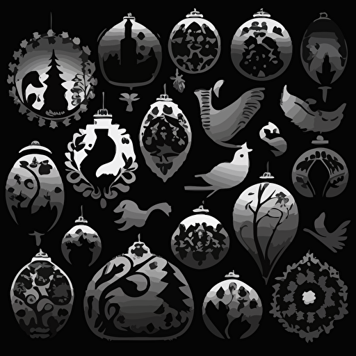 set of vector illsutration of black silhouettes of different christmas ornaments