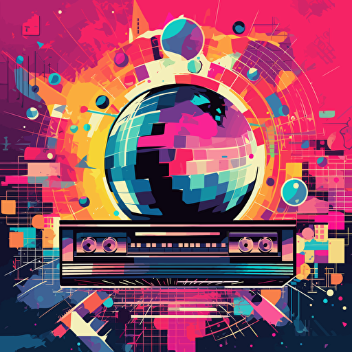 an awesome retro poster, with retro colors a disco ball, vinyl records and music notes all over, boombox in the middle vector, pink floyd style