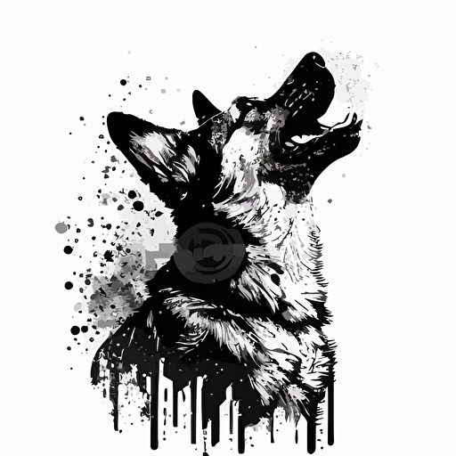 aggressive german shepard dog barking silloutte + black and white + vector