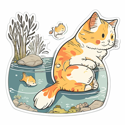 sticker, happy cute cat sitting by a pond of koifish, liu yi artist style, vector, contour, whitebackground