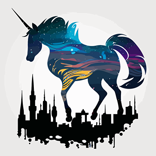 colrful unicorn walikg throug the bad part of a dark city, vector logo, vector art, emblem, simple cartoon, 2d, no text, white background