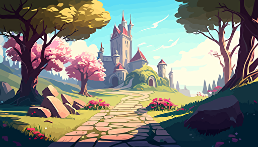 vector unreal render landscape with a path to a castle like magic kingdom bright morning sky, no trees, flowers, lush greenery and dappled sunlight,