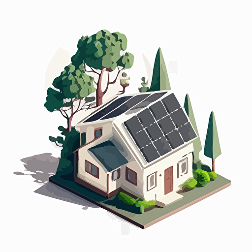 simple vector drawing, single color house with trees and photovoltaic panels on the roof, white background
